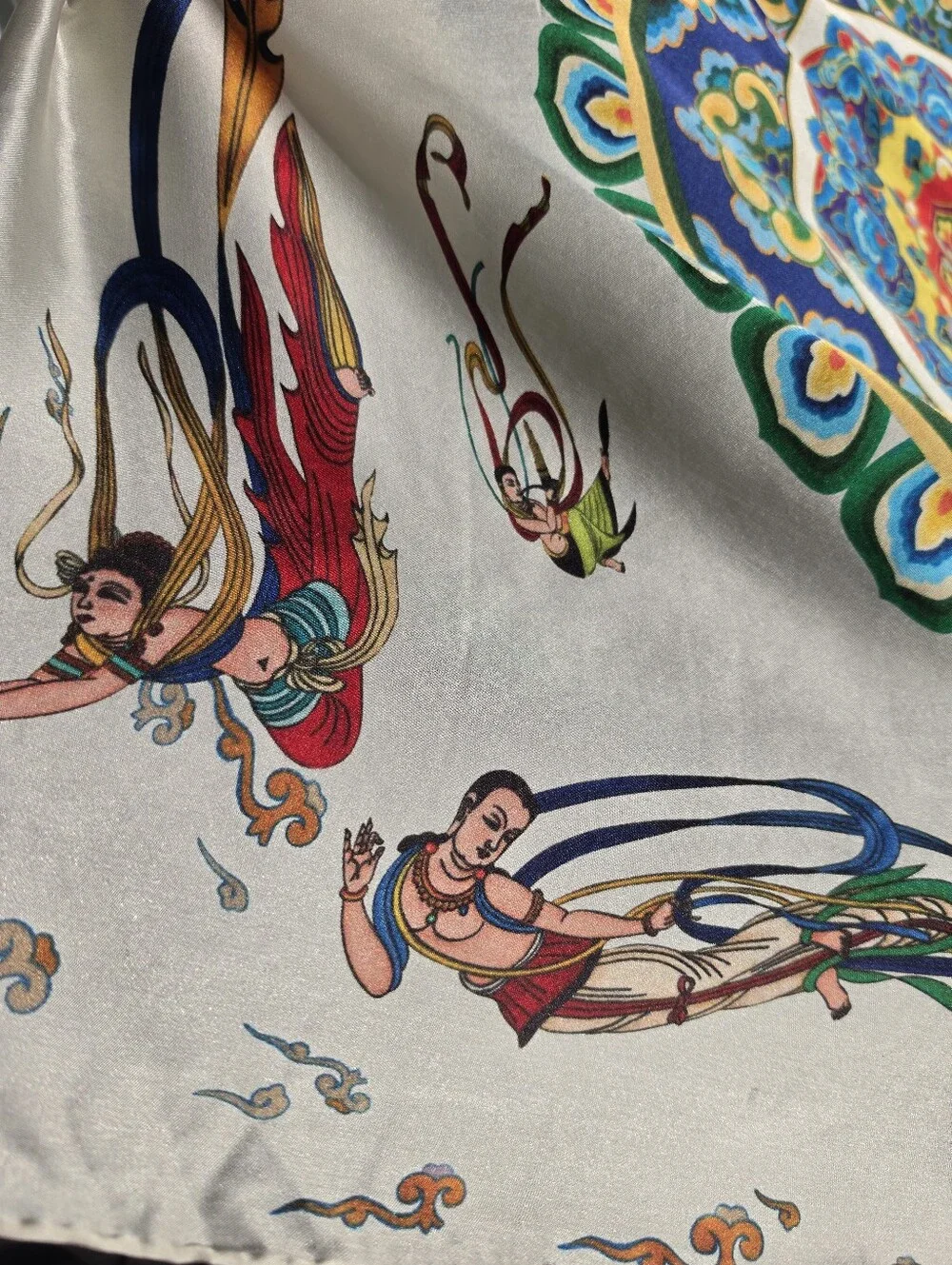 Vintage 100% Silk Scarf Hand Rolled Hem.  DunHuang Art 43x41